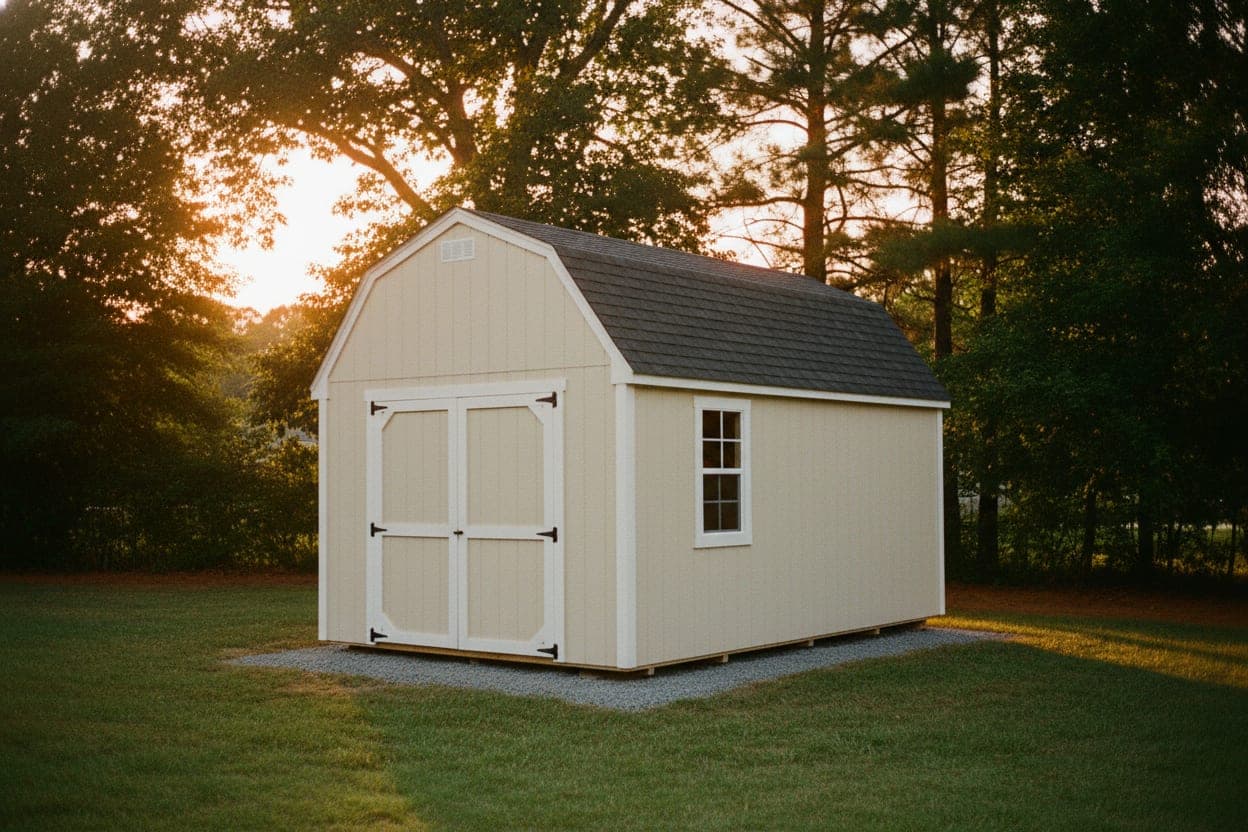 A freshly built 10×12 gable shed in a Charlotte backyard, taken at golden hour.