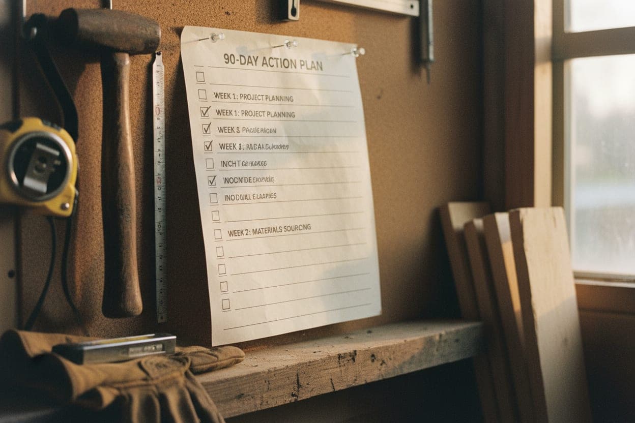 A 90-day action plan checklist with the first items checked off, pinned to a workshop wall.