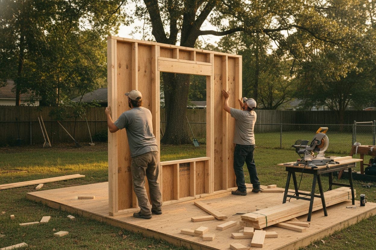 Two builders raising the front wall of a 10×12 shed on a sunny morning.