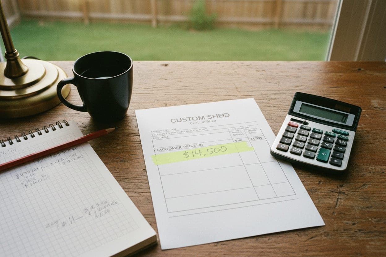 A printed shed quote, a calculator, and a coffee mug on a builder’s desk.