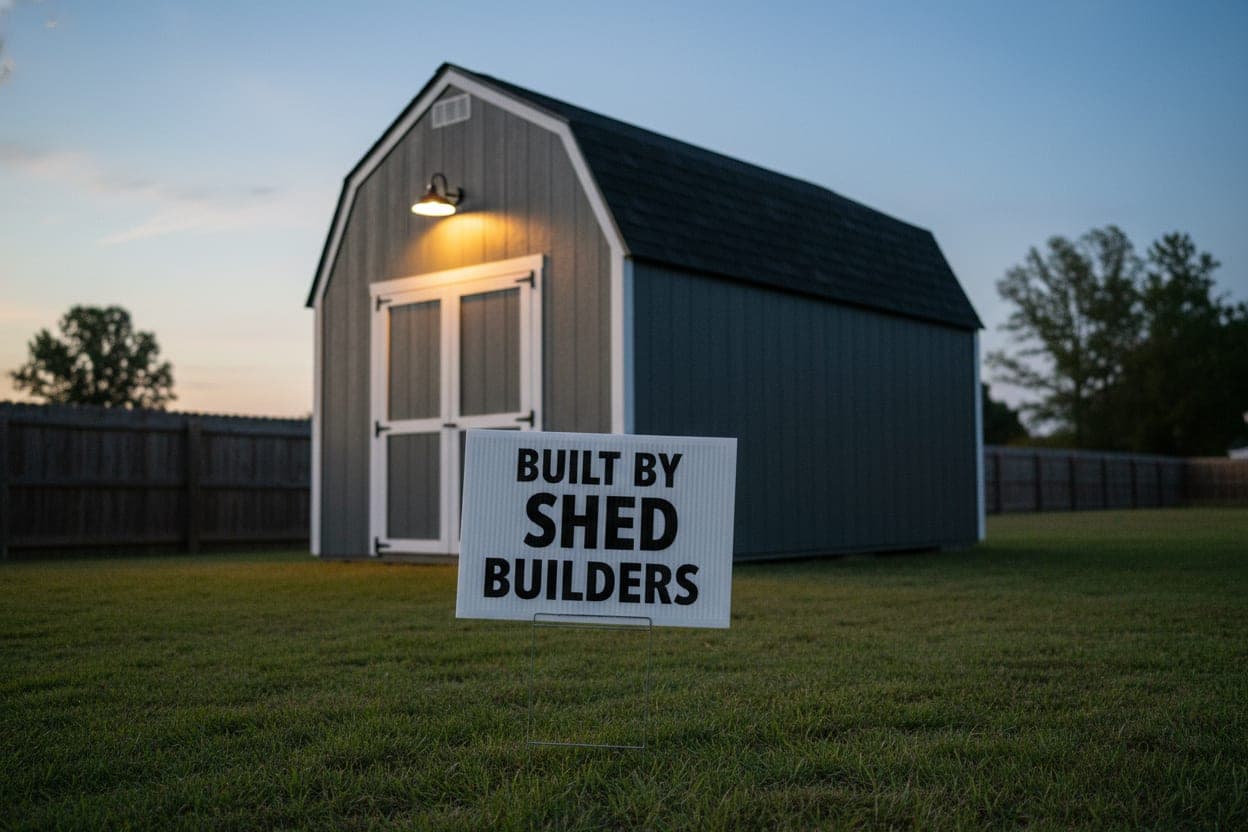 A branded yard sign in front of a completed backyard shed at dusk.