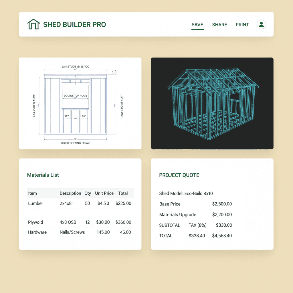 Construction documents showing framing drawings, 3D wireframe, materials BOM, and professional quote