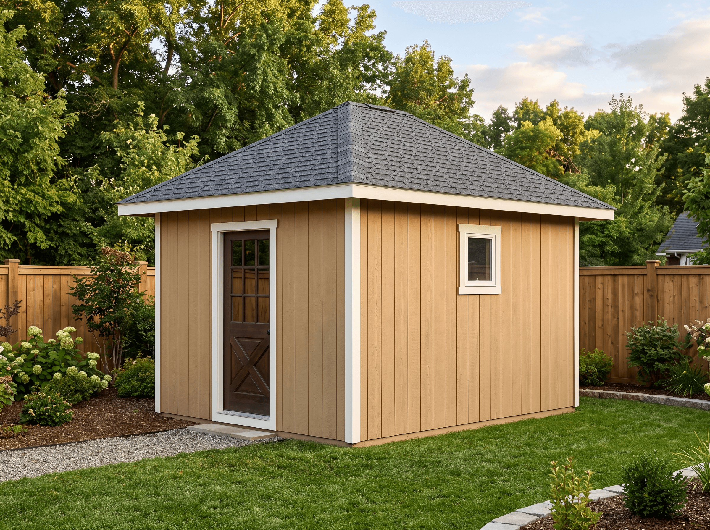 10×14 Hip Roof Shed — photorealistic render