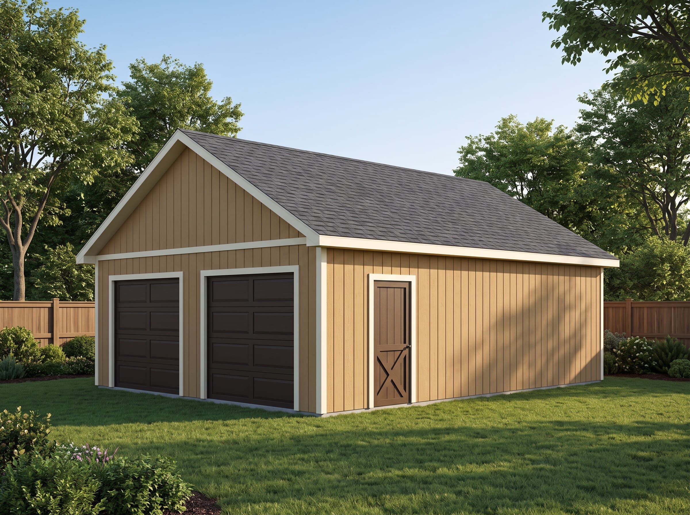 16×32 Double-Bay Garage — photorealistic render